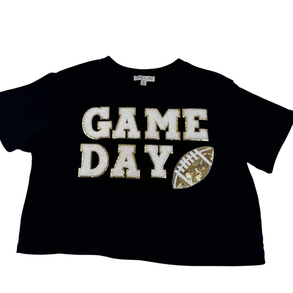 She + Sky Game Day Football Short Sleeve Sequin Textured Top Women's Size M
